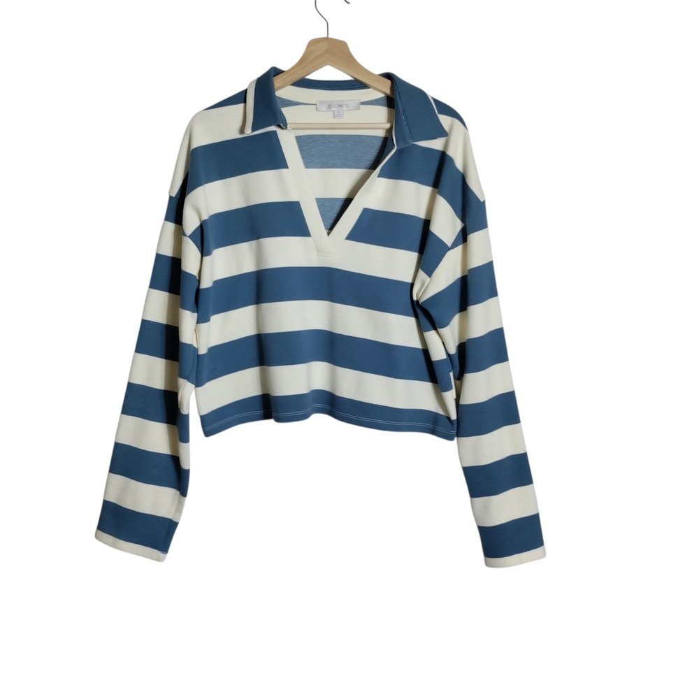 Flat White Blue Cream Striped Cropped Rugby Polo Top Long Sleeve XL